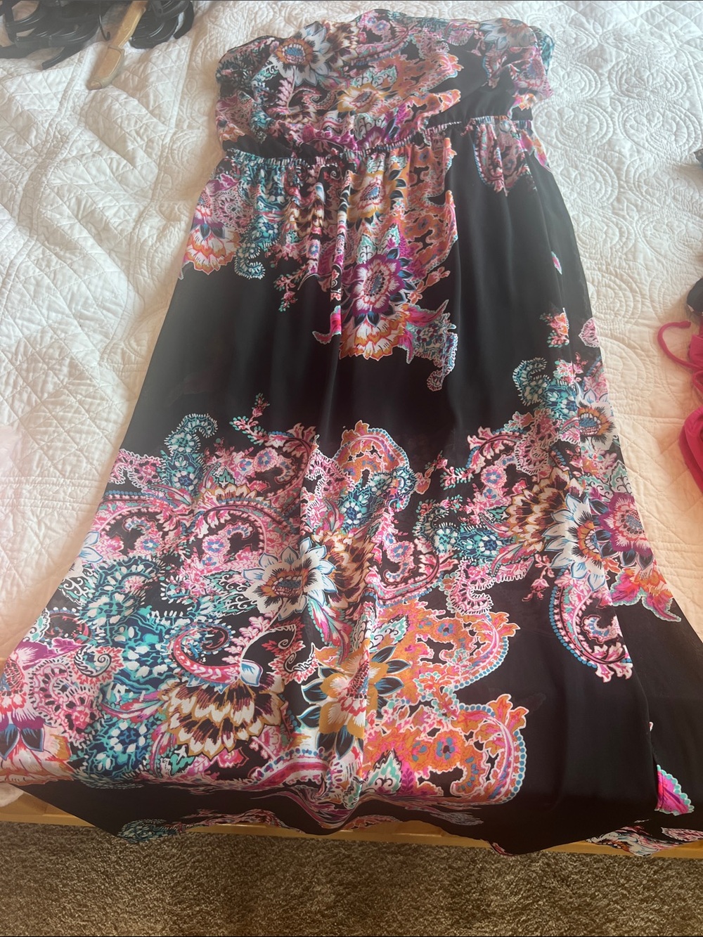 Strapless Black Maxi dress with Pink & Teal Paisley Print